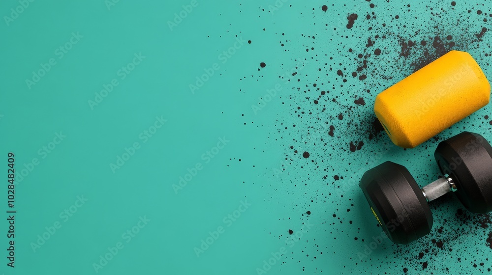 A vibrant teal background features a black dumbbell and a yellow foam roller, surrounded by scattered black powder, emphasizing fitness and workout essentials. A vibrant teal background features a black dumbbell and a yellow foam roller, surrounded by scattered black powder, emphasizing fitness and workout essentials.