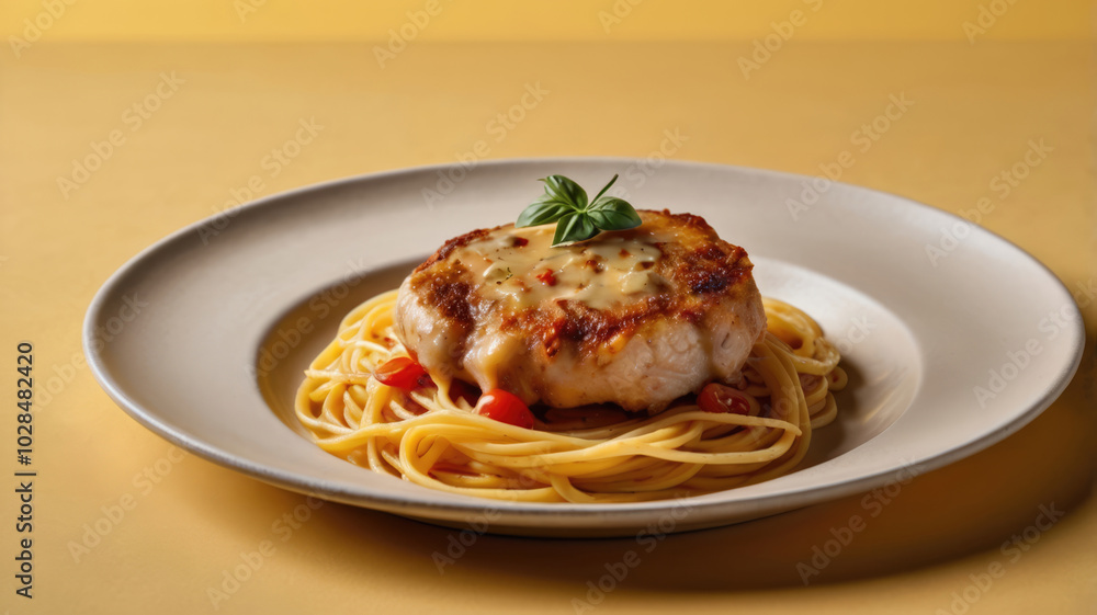 Italian Scaloppine dish presented with blank space on a yellow background Italian Scaloppine dish presented with blank space on a yellow background