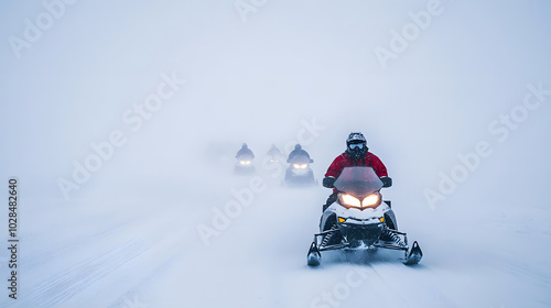 A snowmobile convoy navigating through a whiteout blizzard with visibility reduced to almost nothing.