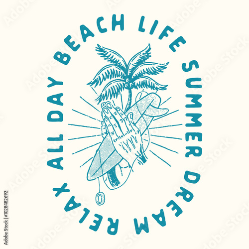 praying illustration hands graphic surfboards design palm tree badge tropical vintage surf