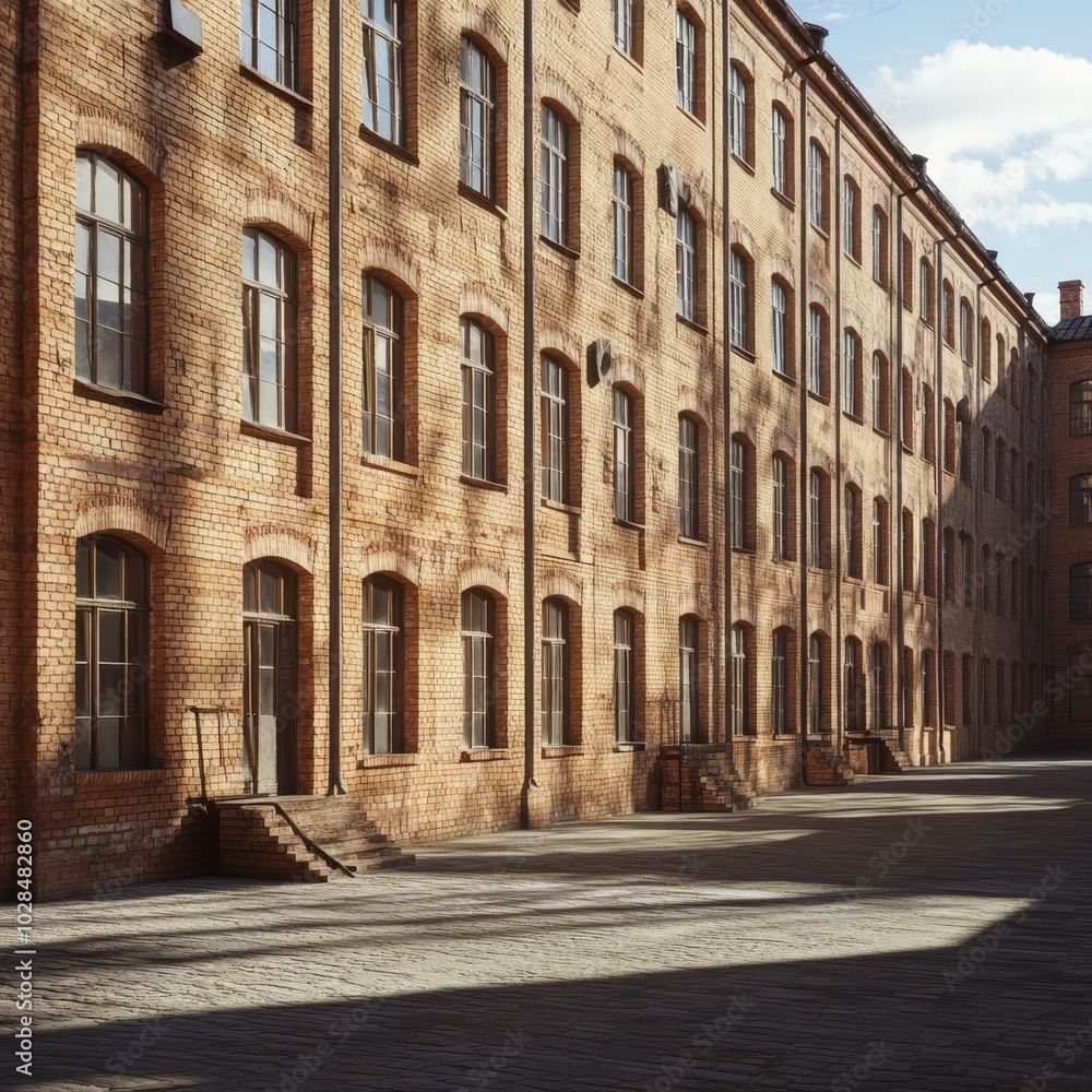 Fototapeta premium Sunlight casts shadows on an old brick factory building, highlighting its industrial charm and architectural details.