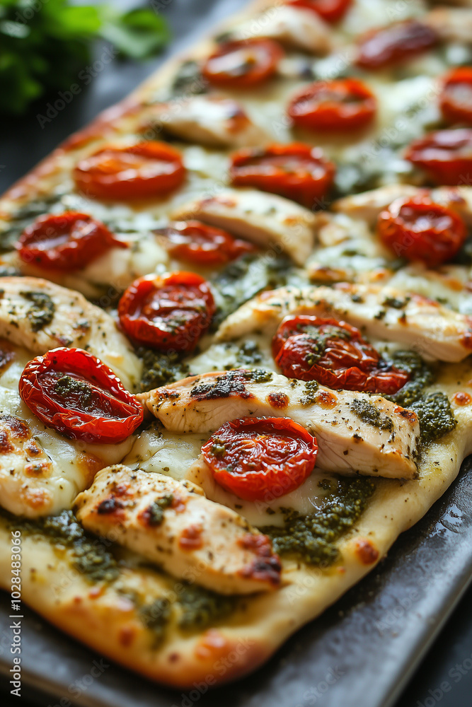 Grilled chicken and sun-dried tomato pizza with feta and pesto Grilled chicken and sun-dried tomato pizza with feta and pesto