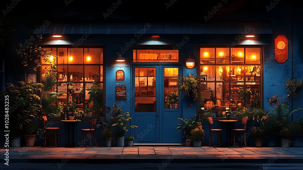 Naklejka premium A cozy cafe with warm lights, inviting tables and chairs on the sidewalk, and lush plants outside, creates a welcoming atmosphere on a quiet evening.