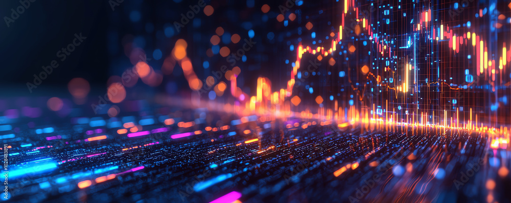 Fototapeta premium 3D glowing market trends in cyberspace, side view, Highlights virtual trading with vivid light graphs in an immersive world, advanced tone, Triadic Color Scheme
