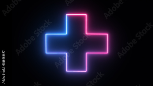 Abstract neon medical cross icon animation, neon plus sign icon, Plus neon sign. Computer generated 3d render, Neon Glowing Plus Symbol on Black Background.