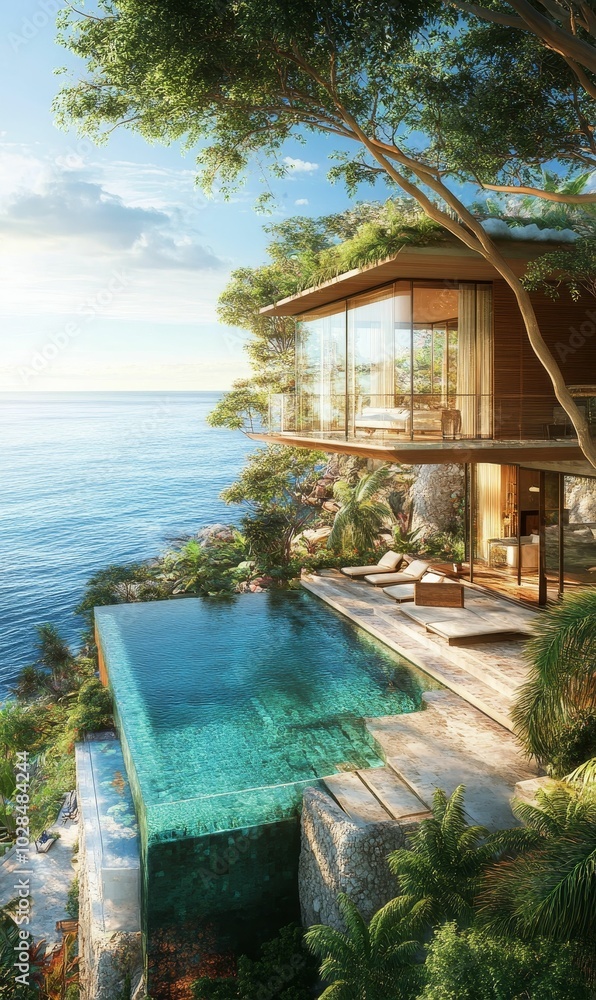 Fototapeta premium Modern house with infinity pool overlooking ocean.