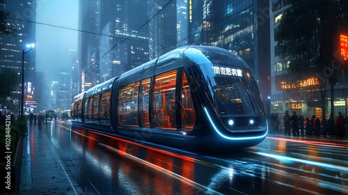 Futuristic Train Traveling Through a Neon-Lit City at Night