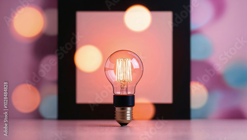 Una lampadina accesa emette luce su uno sfondo nero e colorato con effetto bokeh photo