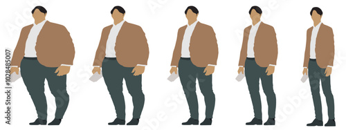 Conceptual fat overweight obese man vs slim fit healthy body after weight loss or diet, white background banner. A  fitness, nutrition or obesity, health care shape illustration vector as silhouettes