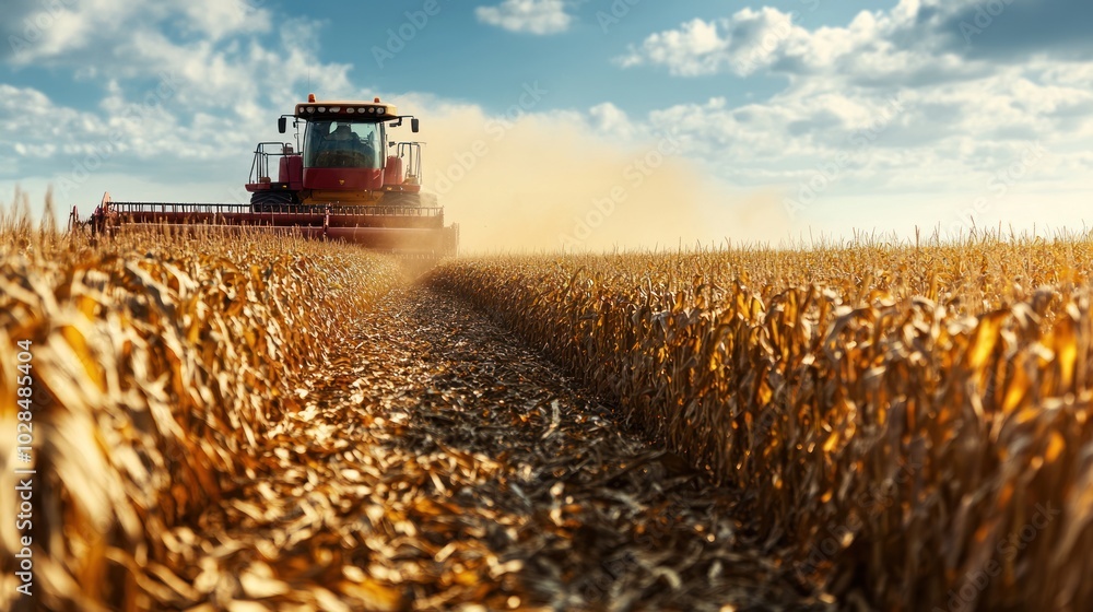 Fototapeta premium Red Combine Harvester Cutting Through a Field of Dry Corn Stalks