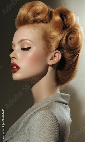 Woman with red lipstick and 1950s hair.