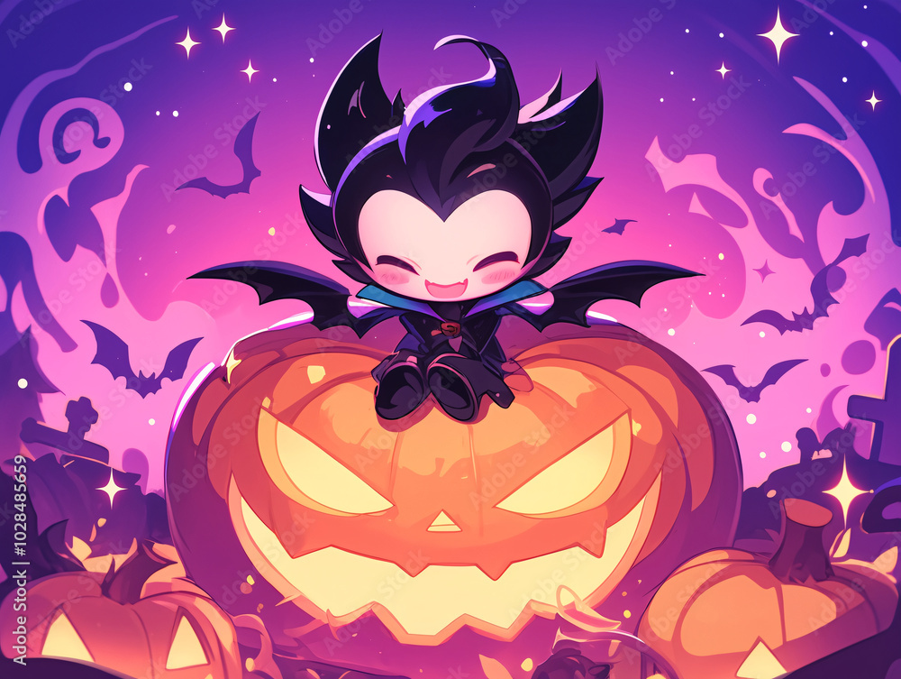 a cartoon vampire bat with red eyes and pointed ears, perched on a jack-o'-lantern with a yellow glow in Halloween a cartoon vampire bat with red eyes and pointed ears, perched on a jack-o'-lantern with a yellow glow in Halloween