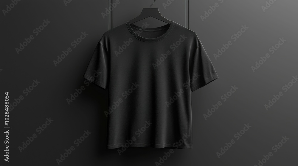 A sleek black t-shirt displayed on a hanger against a dark background, perfect for showcasing clothing designs in a modern and minimalistic setting. A sleek black t-shirt displayed on a hanger against a dark background, perfect for showcasing clothing designs in a modern and minimalistic setting.