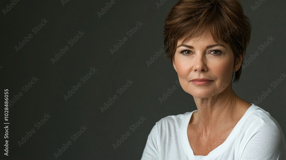Beautiful older woman in white t-shirt female breast dark background Breast cancer support, prevention, mammography, screening, oncology, cancer treatment Beautiful older woman in white t-shirt female breast dark background Breast cancer support, prevention, mammography, screening, oncology, cancer treatment