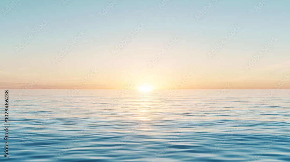 Obraz premium Golden sunset over a calm sea, clear weather, warm glow on the horizon