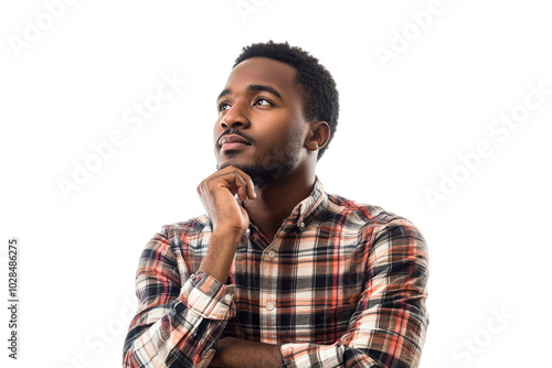 Portrait of a thoughtful African American man in a plaid shirt on a transparent background