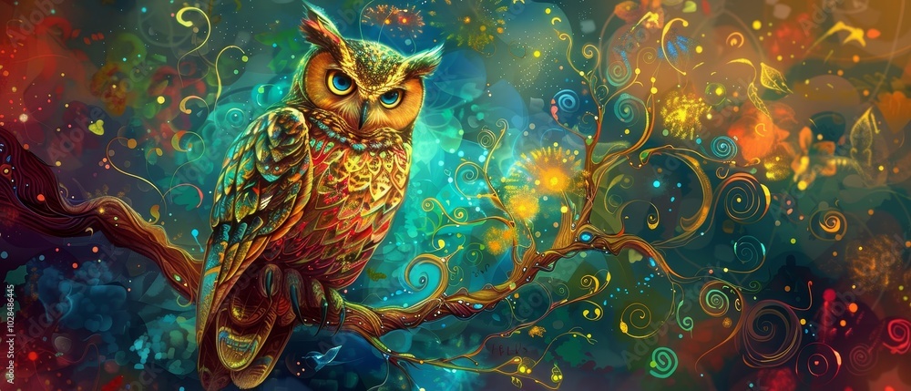 Fototapeta premium Colorful Owl on Branch with Abstract Background