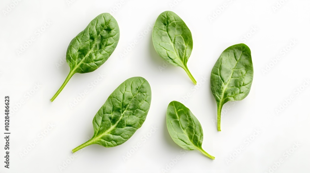 Obraz premium Fresh green healthy spinach on white background, top view. 