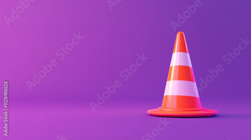 Traffic cone and exclamation mark in vibrant 3D style, purple background, warning sign symbolism, sleek and modern aesthetic, minimalist composition