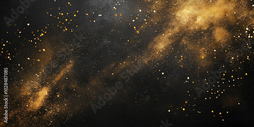 Dark stone background with golden dust, glitters and sequins. Abstract luxury banner and wallpaper.