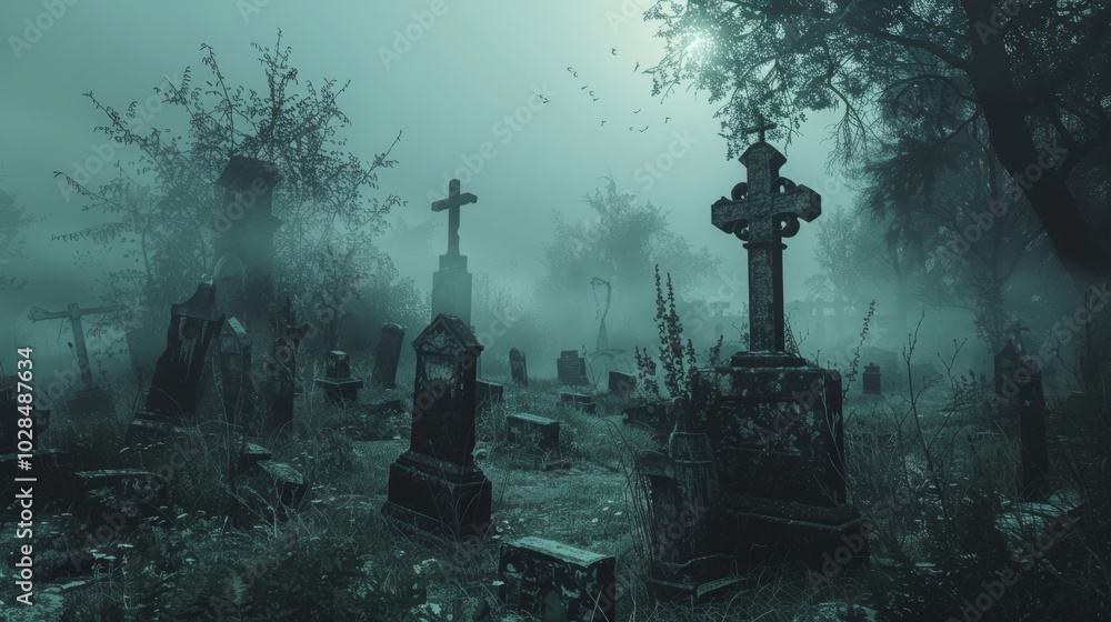 Night scene in tombstones under moonlight. Ethereal ghosts rising from the graves. Spooky Halloween Night scene in tombstones under moonlight. Ethereal ghosts rising from the graves. Spooky Halloween