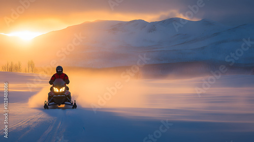 A snowmobile rider cruising through a remote snowy landscape at dawn with soft morning light illuminating the snow.