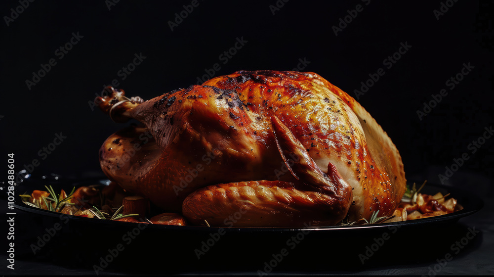 Succulent roasted turkey garnished with herbs, perfect for festive occasions and family gatherings. golden brown skin and juicy meat create inviting centerpiece Succulent roasted turkey garnished with herbs, perfect for festive occasions and family gatherings. golden brown skin and juicy meat create inviting centerpiece