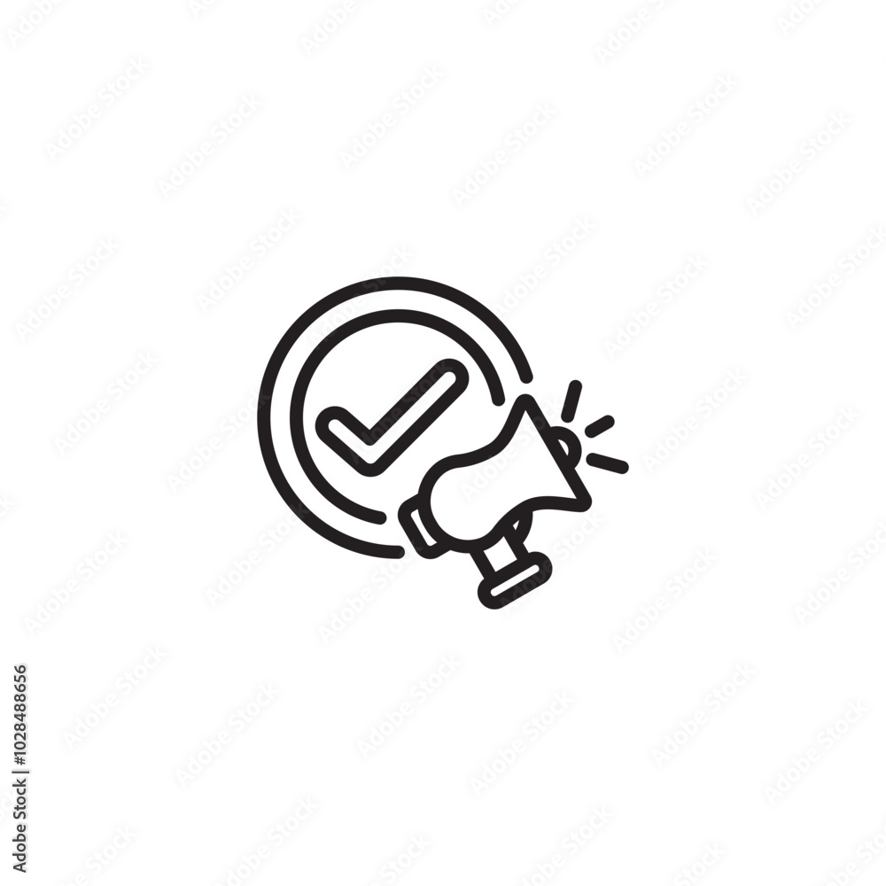 A megaphone with a checkmark, signifying a message that has been approved. A megaphone broadcasting a message that has been confirmed or validated. Editable icon. A megaphone with a checkmark, signifying a message that has been approved. A megaphone broadcasting a message that has been confirmed or validated. Editable icon.