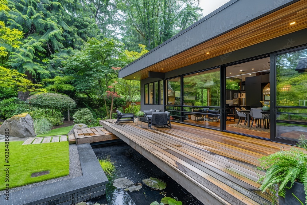 Stylish modern wooden deck overlooking a backyard garden and home, featuring grey house walls, lush green trees, a lawn, a small pond, and patio furniture in a Seattle neighborhood setting. Stylish modern wooden deck overlooking a backyard garden and home, featuring grey house walls, lush green trees, a lawn, a small pond, and patio furniture in a Seattle neighborhood setting.