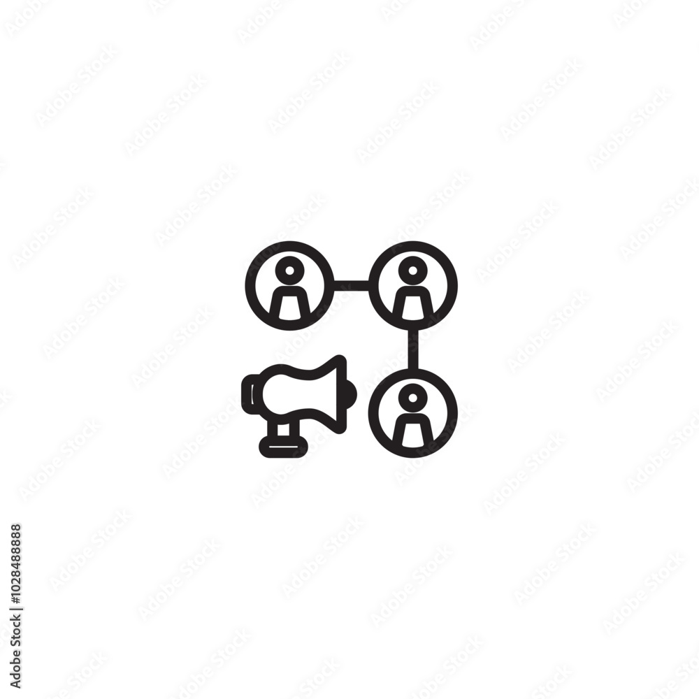 A megaphone linked to multiple people, symbolizing communication within a network. A megaphone connected to a network of people, representing the spread of information through a group. Editable icon. A megaphone linked to multiple people, symbolizing communication within a network. A megaphone connected to a network of people, representing the spread of information through a group. Editable icon.