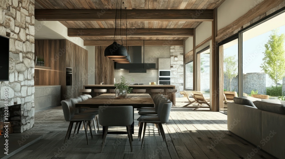 Modern kitchen with wooden beams, stone walls, and a view of a garden Modern kitchen with wooden beams, stone walls, and a view of a garden