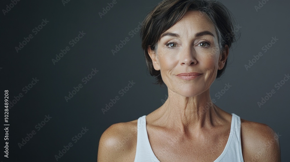 Beautiful older woman in white t-shirt female breast dark background Breast cancer support, prevention, mammography, screening, oncology, cancer treatment Beautiful older woman in white t-shirt female breast dark background Breast cancer support, prevention, mammography, screening, oncology, cancer treatment