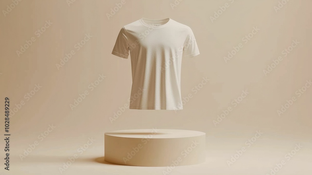 A high-quality display of an elegant white t-shirt floating above a circular stand in a soft, neutral background. Perfect for product showcasing. A high-quality display of an elegant white t-shirt floating above a circular stand in a soft, neutral background. Perfect for product showcasing.