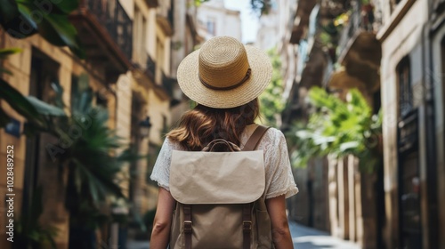 A young woman tourist with a backpack walking through the streets of Spain, wearing a traditional straw boater hat, absorbing the artistic atmosphere. Travel and summer vacation concept.