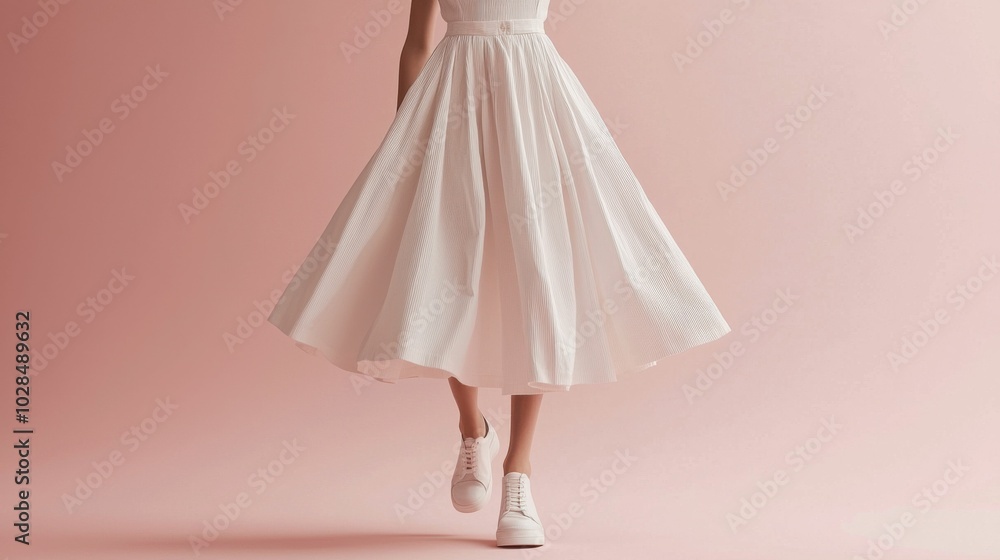 A stylish display of a white dress paired with sneakers against a soft pink background, creating a fresh and modern look. A stylish display of a white dress paired with sneakers against a soft pink background, creating a fresh and modern look.