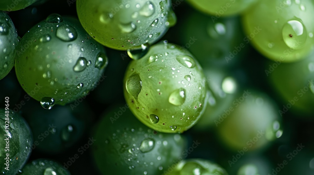 Green grapes up close with shimmering water droplets from above Green grapes up close with shimmering water droplets from above