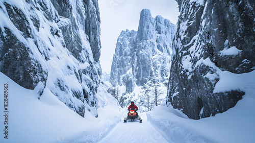 A snowmobile rider navigating a narrow mountain pass with steep snow-covered cliffs towering above.