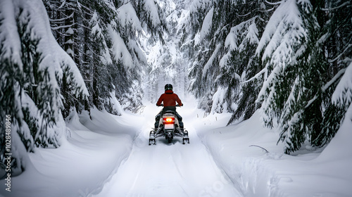 A snowmobile rider navigating a narrow trail through a snow-covered forest with trees heavy with fresh snow.