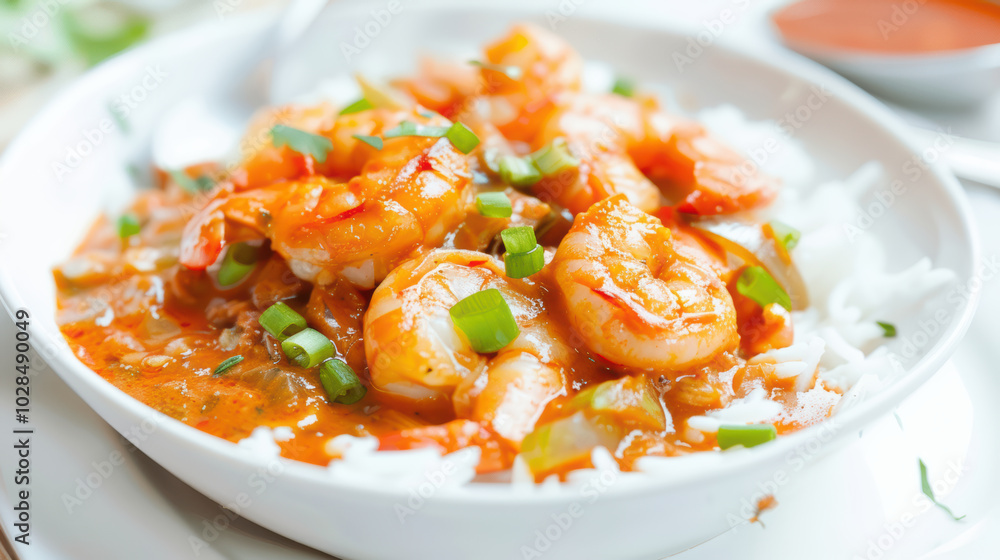 Delicious shrimp dish served over rice, featuring rich sauce and garnished with green onions, perfect for seafood lovers Delicious shrimp dish served over rice, featuring rich sauce and garnished with green onions, perfect for seafood lovers