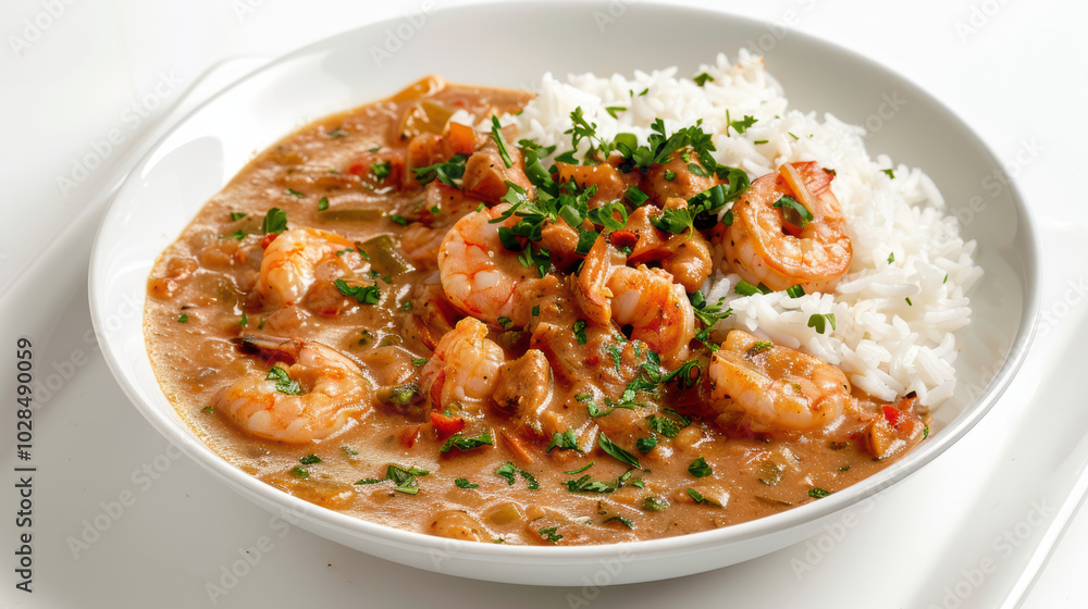 Delicious shrimp gumbo served with fluffy white rice, garnished with fresh herbs, showcasing rich blend of flavors and textures that evoke warmth and comfort Delicious shrimp gumbo served with fluffy white rice, garnished with fresh herbs, showcasing rich blend of flavors and textures that evoke warmth and comfort