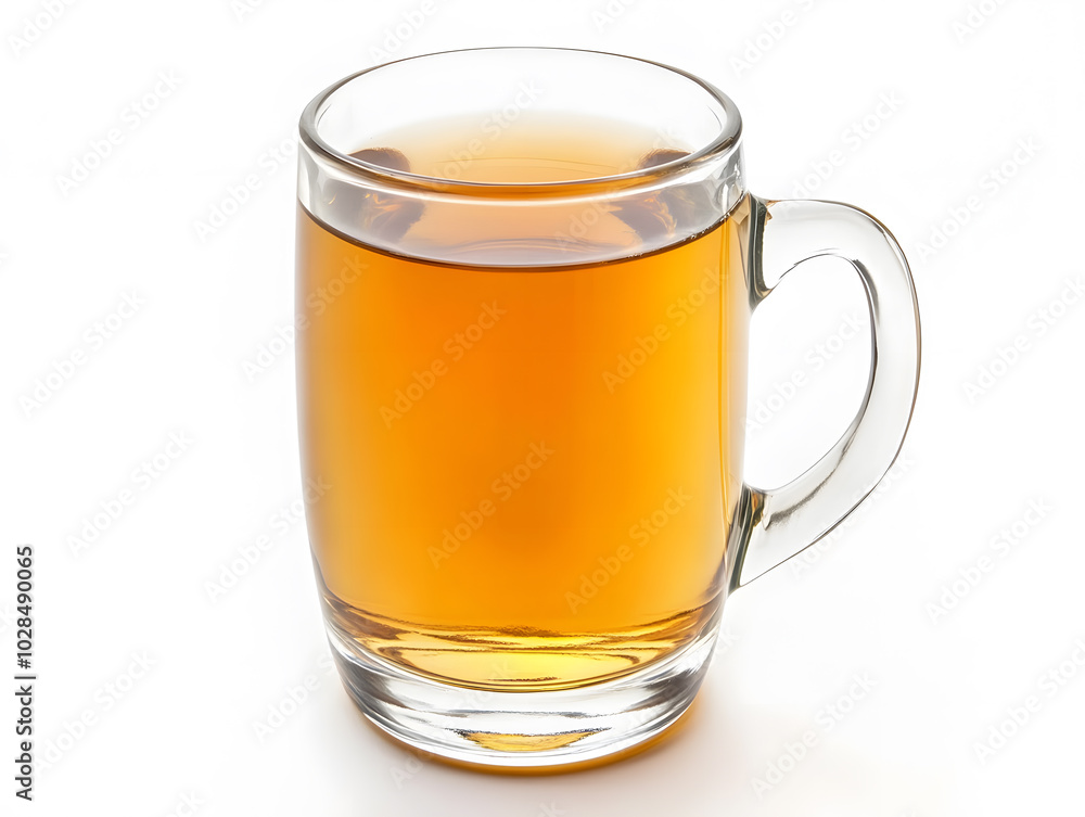 A clear cup with a handle filled with apple juice, isolated on white background A clear cup with a handle filled with apple juice, isolated on white background