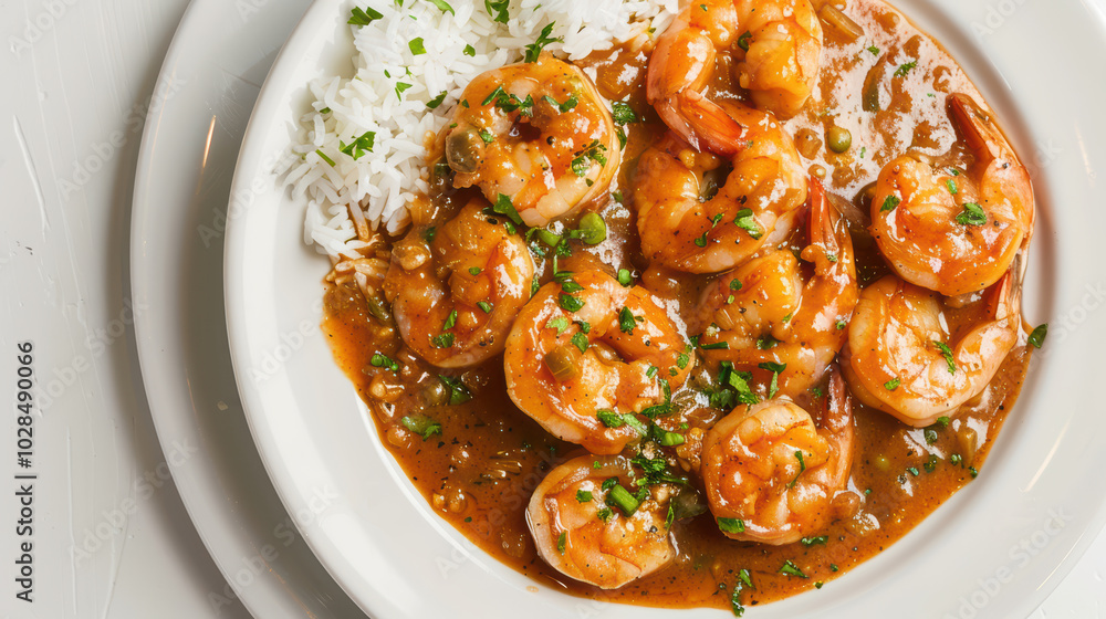 Delicious shrimp served with rice in flavorful sauce, garnished with fresh herbs, creating mouthwatering dish perfect for seafood lovers Delicious shrimp served with rice in flavorful sauce, garnished with fresh herbs, creating mouthwatering dish perfect for seafood lovers