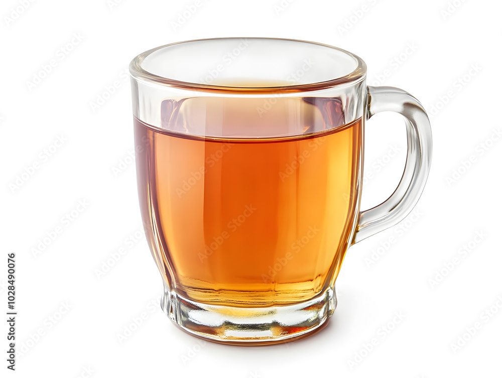 A clear cup with a handle filled with apple juice, isolated on white background A clear cup with a handle filled with apple juice, isolated on white background