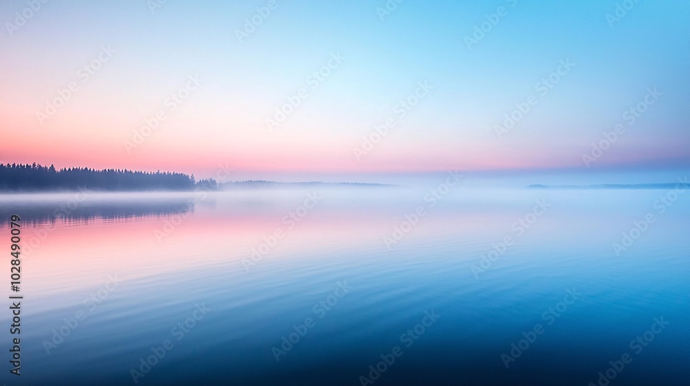 Fototapeta premium Drifting fog over a still lake at dawn, foggy weather, calm and ethereal