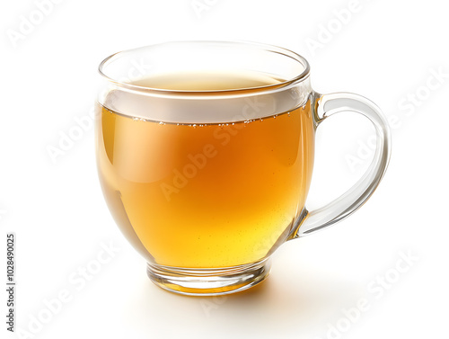 A clear cup with a handle filled with apple juice, isolated on white background