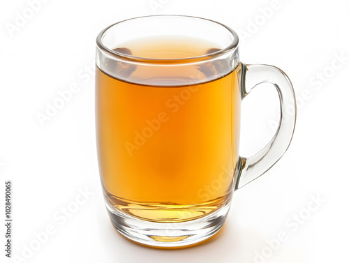 A clear cup with a handle filled with apple juice, isolated on white background