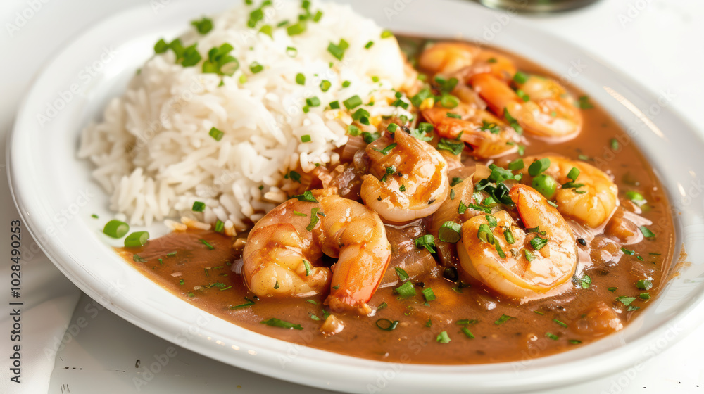 Delicious shrimp dish served with fluffy white rice, garnished with fresh green onions, creating mouthwatering and appetizing meal Delicious shrimp dish served with fluffy white rice, garnished with fresh green onions, creating mouthwatering and appetizing meal
