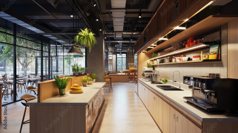 Modern Cafe Interior with Wooden Cabinets and a Coffee Machine