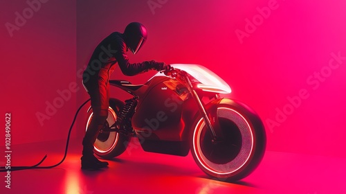 Futuristic motorcycle with glowing wheels, as a rider wears sleek gear in a vibrant neon-lit environment. photo