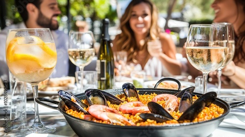 A vibrant seafood paella served at a social gathering with drinks and smiling friends.